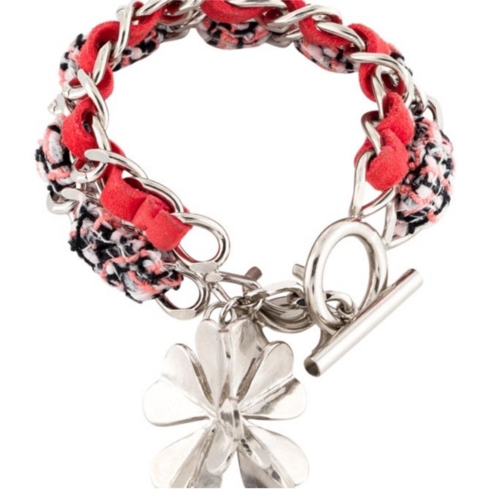 NWT Chanel Woven Tweed Suede Silver Chain Link Charm Bracelet Pink Multi  $675